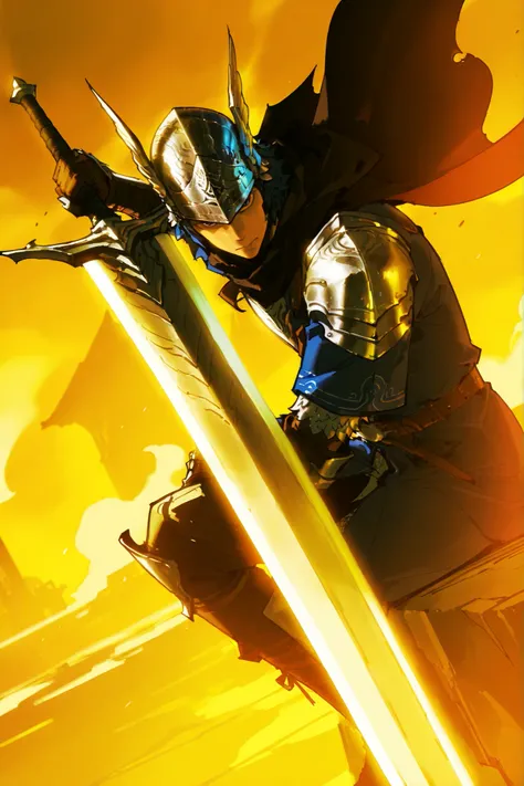 single, male, wylder (nightreign), wld, winged helmet, helm, pauldrons, shoulder armor, armor, full armor, cape, gauntlets, brown belt, greatsword, sitting holding his sword, simple pose, dutch angle, detailed background , upperbody only, upperbody only , ...