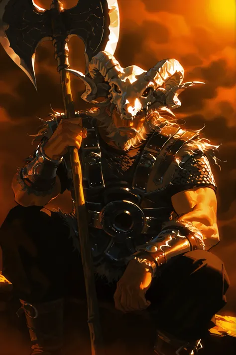 single, male, raider (nightreign), r1d3r, 1boy, solo, facial hair, beard, muscular, braid, Dragon Skull Helmet, old man, greataxe, sitting holding his axe, simple pose, dutch angle, detailed background , upperbody only, upperbody only , serious tone