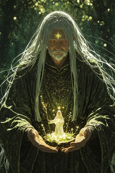 masterpiece, best quality, amazing quality, absurdres, newest, 1 man, old man,ancient elder, mystical forest guardian, humanoid spirit, moss-covered robe, glowing runes on skin, wooden staff with crystal core, long white hair flowing, wise and calm express...