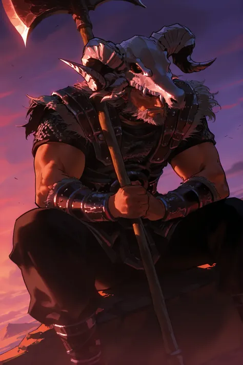 single, male, raider (nightreign), r1d3r, 1boy, solo, facial hair, beard, muscular, braid, Dragon Skull Helmet, old man, greataxe, sitting holding his axe, simple pose, dutch angle, detailed background , upperbody only, upperbody only , serious tone, chari...