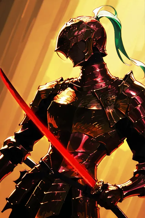 single, male, executor (nightreign), executor, full armor, dark skin, helmet, gold armor, breastplate, katana, holding the katana at his hip, simple pose, dutch angle, detailed background , serious tone, charismatic and intense , side view 