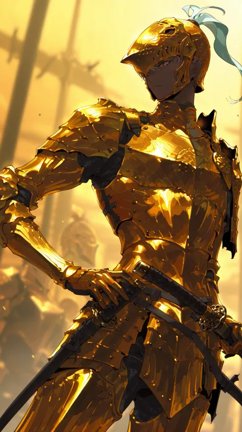 single, male, executor (nightreign), executor, full armor, dark skin, helmet, gold armor, breastplate, katana, holding the katana at his hip, simple pose, dutch angle, detailed background , serious tone, charismatic and intense , side view 