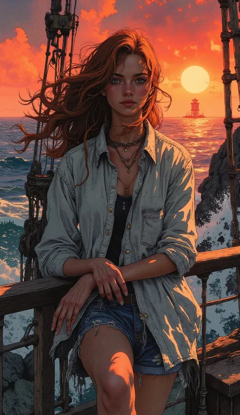 (masterpiece), (flux cinematic realism), a hyper-detailed full scene of a young woman with long auburn wavy hair blowing across her face, leaning on the railing of a ship, oversized button-down shirt billowing in the wind, distressed denim shorts, one knee...