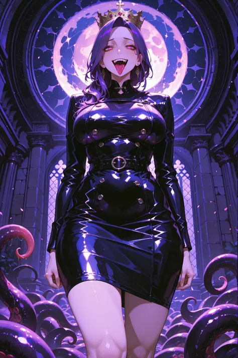 high detailed, masterpiece, best quality, amazing quality, very aesthetic, high resolution, newest, solo, female character, mature woman, of a person with a tooth and a purple hair, with a tentacle - shaped tongue, detailed fanart, gapmoe yandere, fleshy c...