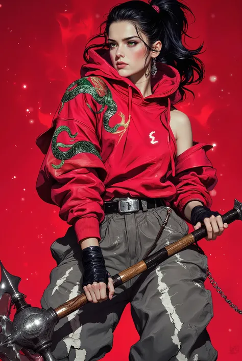 mythwov, a hyper realistic digital artwork of woman with pale skin, jet-black hair styled into a high ponytail, and emerald green eyes. She wears an oversized crimson hoodie with embroidered serpents coiling across the sleeves. Her loose gray trousers are ...