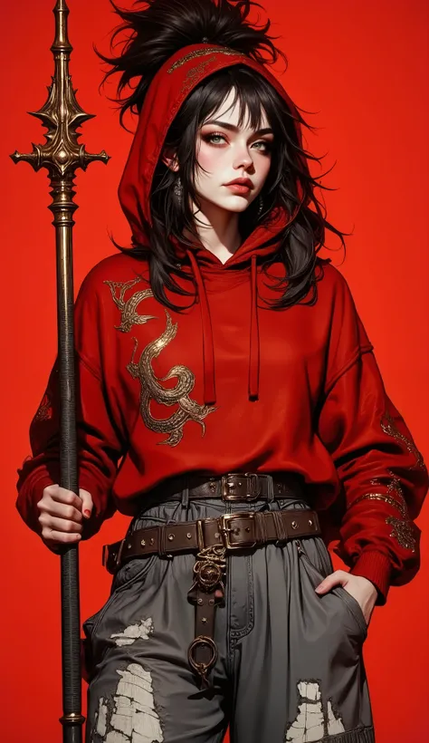mythwov, a hyper realistic digital artwork of woman with pale skin, jet-black hair styled into a high ponytail, and emerald green eyes. She wears an oversized crimson hoodie with embroidered serpents coiling across the sleeves. Her loose gray trousers are ...