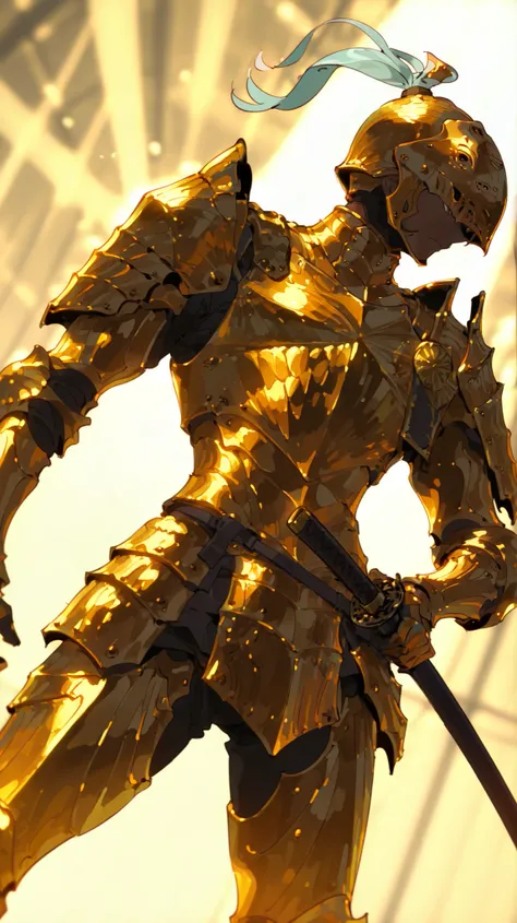 single, male, executor (nightreign), executor, full armor, dark skin, helmet, gold armor, breastplate, katana, holding the Sheath at his hip, simple pose, dutch angle, detailed background , serious tone, charismatic and intense , side view