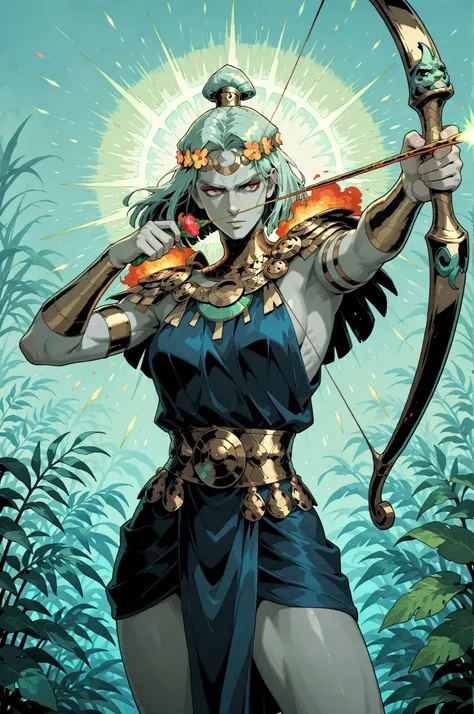 Atremis from Hades, aiming her bow, in full view in a highly detailed watercolor artstyle