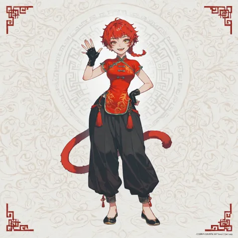 masterpiece, ultra-HD, impressionism, high detail, best quality, very aesthetic, 8K, best quality, beautiful, ultra-high resolution, 32K UHD, 4ki4k4ne_illu, 1woman, solo, short messy red hair, pixie cut, single braid, yellow eyes, almond-shaped eyes, eyela...