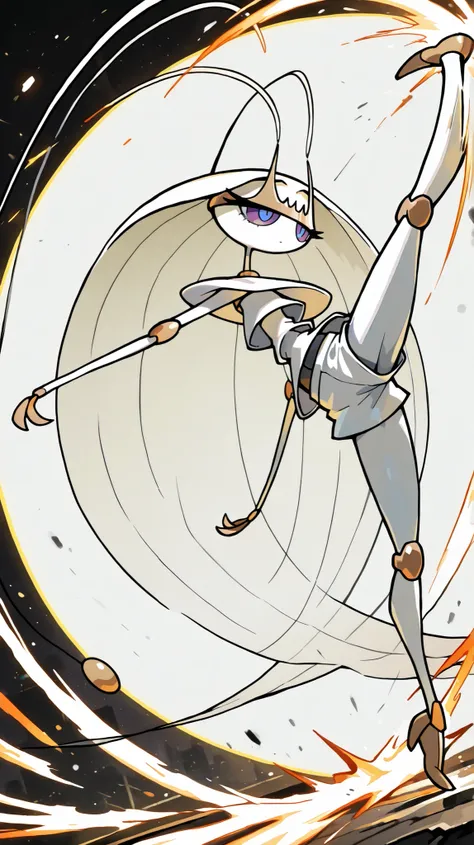 Pheromosa from Pokemon, White Body,Thin Waist, Very Thin Waist, Wasp Waist, Solo,vibrant colors, cel shading, Simplistic Art Style, solo,((round kick:1.3)),side view,(action:1.3),(acrobat:1.3),{cyberpunk background}