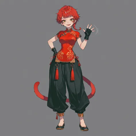 masterpiece, ultra-HD, impressionism, high detail, best quality, very aesthetic, 8K, best quality, beautiful, ultra-high resolution, 32K UHD, 4ki4k4ne_illu, 1woman, solo, short messy red hair, pixie cut, single braid, yellow eyes, almond-shaped eyes, eyela...