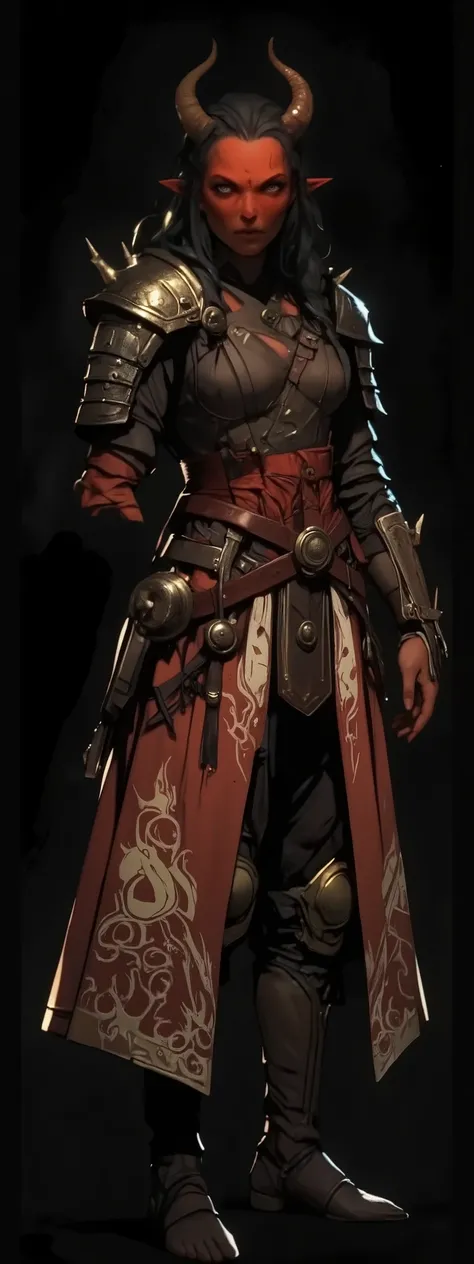 chargen_stylised_illustration, Front view, full body, character art, concept art, anime, anime woman, full body, one-armed, amputee, incomplete, female samurai, horror oni concept, right amputated arm, red bandage, heavily spiked samurai armor, wearing a r...