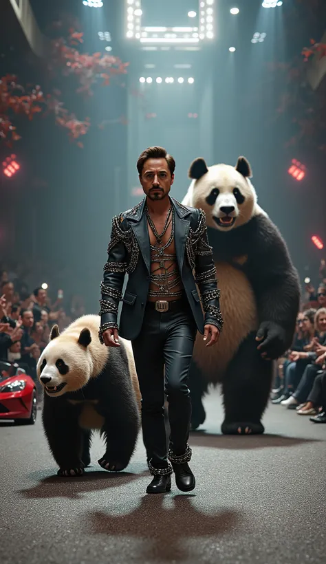 Robert Downey Jr. walking on a cinematic runway, hyper-realistic ultra-detailed, extremely high resolution, wearing a torn suit with heavy metallic chains wrapped around his arms and torso. Beside him, a huge ultra-realistic panda bear, muscular and fierce...