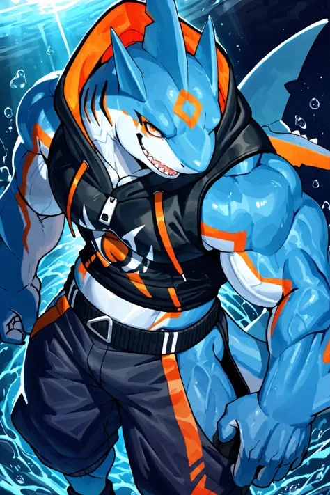 by 沃 vorusuarts2 , masterpiece , best quality , deep sea background , male , 1 man , anthro megalodon , blue koholasaurus , furry shark , Orange eyes , under eye Orange line , Orange makeup under the eyes , multicolored Orange skin ,  balanced slim , beefy...