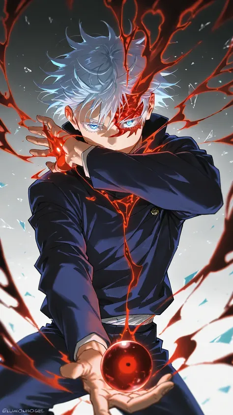 masterpiece, High Precision, Highest Quality, Gojo Satoru, Jujutsu Kaisen, scattered glass shards, Red glowing sphere on the right hand, Red Aura, Luminous Eyes, blue eyes,  dance in the air, Dynamic Poses, dynamic angle to bring your legs closer to your chest, upper body, oblique angle