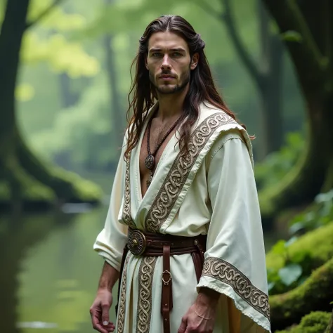 A young male modern Celtic druid from Ireland who despite being young exudes a presence and aura which is wise, old and ancient ,  radiating auspicious presence, gorgeous features, blue eyes,  long flowing dark brown hair, white Celtic robe, detailed and i...