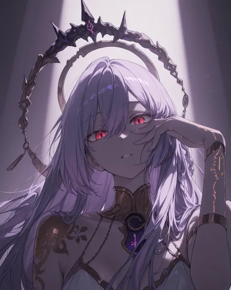 partially covered in shadow,(looking at viewer, portrait shot:1.22),  (medium shot, three quarter shot:1.3), (sharp features, 1boy, 1girl:0.45), solo, masterpiece, best quality, amazing quality, very aesthetic, high resolution, ultra-detailed, (soft shadin...