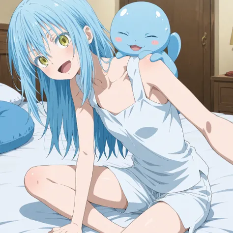 Rimuru Tempest, summer top, white shorts, bedroom, happy, open mouth,solo