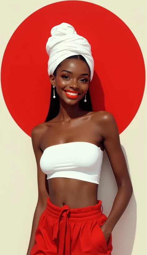 young black woman, smooth skin, tied hair, simple white turban on head, strapless top, exposed belly, pants, full lips, red lips, smile, beige background, red circle
