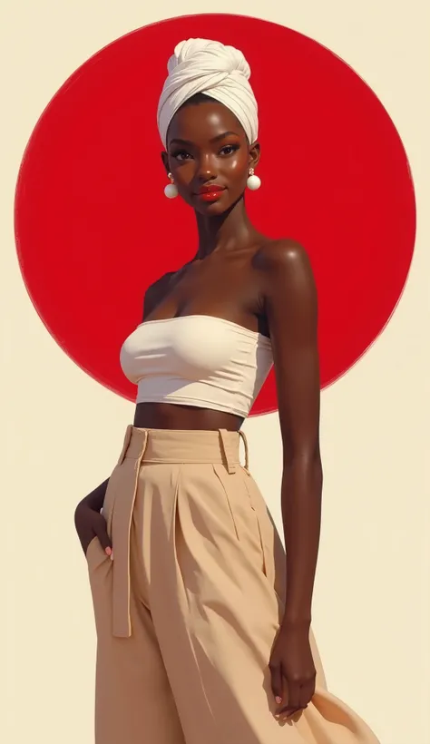 young black woman, smooth skin, tied hair, simple white turban on head, strapless top, exposed belly, pants, full lips, red lips, smile, beige background, red circle
