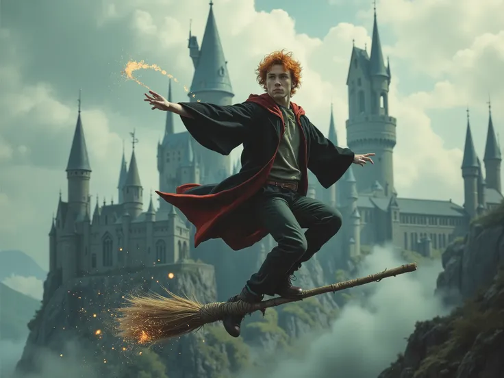 dynamic action scene, ginger-haired young male student wizard in Hogwarts attire doing the popular TikTok Aura farming dance, confidently standing on hovering broomstick hundreds of feet in the air, magnificent castle towers and turrets below, magical spar...