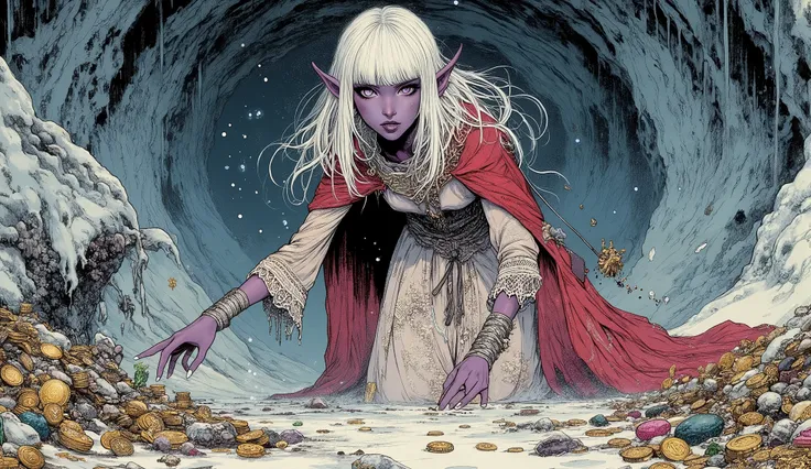 (A fusion of Ukiyo-e and dark fantasy. Aesthetic and gothic digital art. Draw a detailed face. Look away.) BREAK
(Transparent white hair. Blunt bangs. White eyebrows. Long white eyelashes. Almond-shaped eyes. Lavender-colored eyes. Thick, dark eyeliner. S...