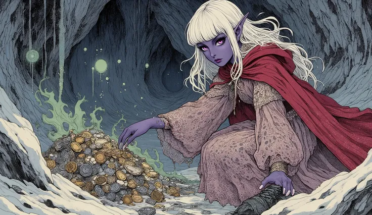 (A fusion of Ukiyo-e and dark fantasy. Aesthetic and gothic digital art. Draw a detailed face. Look away.) BREAK
(Transparent white hair. Blunt bangs. White eyebrows. Long white eyelashes. Almond-shaped eyes. Lavender-colored eyes. Thick, dark eyeliner. S...