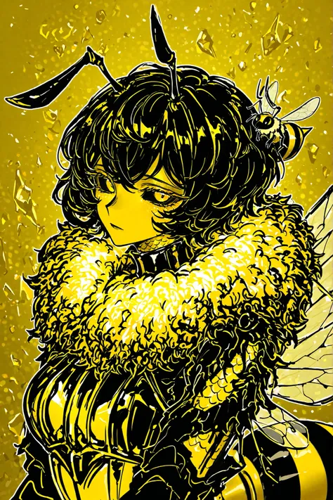 (xxx667_illu,honeybee, antennae,) Girl is honeybee knight. She has glossy golden yellow copper skin. she has large black sclera and irises. She is wearing striped black and yellow armor made of chitin scales. She has a high fluffy collar around her neck.  ...