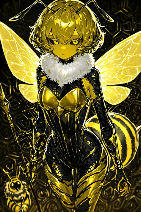(xxx667_illu,honeybee, antennae,) Girl is honeybee knight. She has glossy golden yellow copper skin. she has large black sclera and irises. She is wearing striped black and yellow armor made of chitin scales. She has a high fluffy collar around her neck.  ...