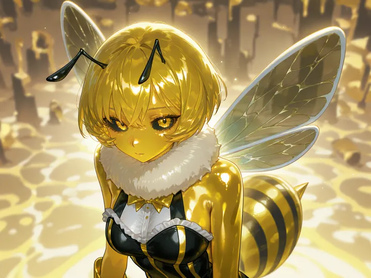 (honeybee, antennae,shiny skin, shiny,) Girl is honeybee knight. She has glossy golden yellow copper skin. she has large black sclera and irises. She is wearing striped black and yellow armor made of chitin scales. She has a high fluffy collar around her n...