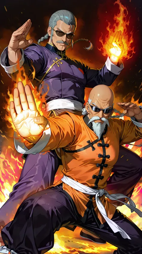 1980's anime style,mutenroshi,2man,(1man is mutenroshi, old man, bald, sunglasses, beard, mustache, chinese clothes, shirt, orange shirt, long sleeves),break ,(the other is Master Asia from Mobile Fighter G Gundam,1old man,a man's glowing palm showing a bu...