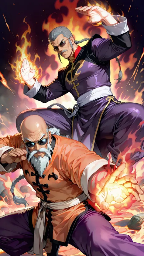 1980's anime style,mutenroshi,2man,break,(1man is mutenroshi, old man, bald, sunglasses, beard, mustache, chinese clothes, shirt, orange shirt, long sleeves,),break ,(the other is Master Asia from Mobile Fighter G Gundam,1old man,a man's glowing palm showi...