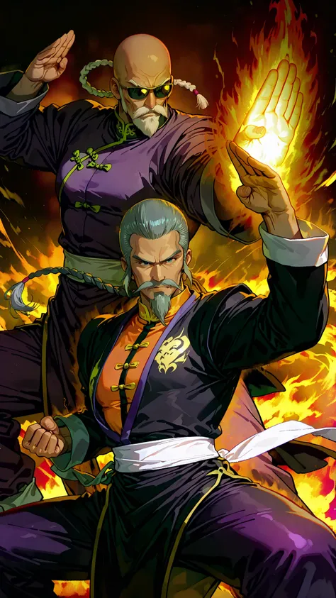 1980's anime style,mutenroshi,2man,(1man is mutenroshi, old man, bald, sunglasses, beard, mustache, chinese clothes, shirt, orange shirt, long sleeves,no forehead mark),break ,(the other is Master Asia from Mobile Fighter G Gundam,1old man,a man's glowing ...