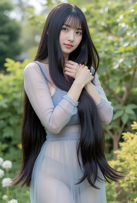 Realistic Japanese woman, details(Best image quality、She wears a transparent light gray dress, waist-length,she is busty,Highest Quality、highest resolution、surreal photography、full body、Masterpiece、16k、)One girl。Super long black hair。Hair length over 36 me...