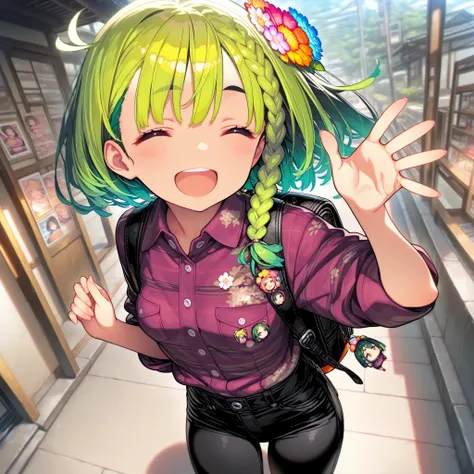 woman, green hair, with braid, a flower on her head, purple lumberjack shirt rolled up, black jeans, backpack with otaku pins, spring day, cheerful expression, waving, focus with a central angle, personal portfolio style photo.