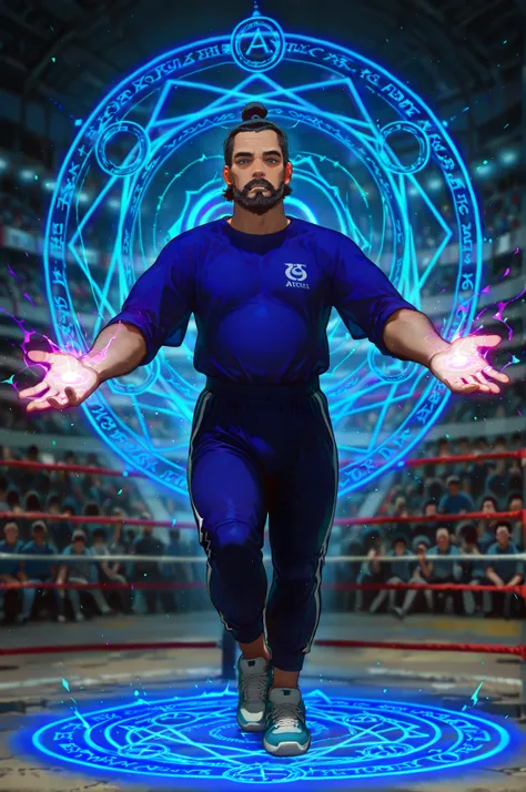 masterpiece, best quality, amazing quality, very aesthetic, high resolution, newest, hyper-detailed, solo, male character, mature man, black hair, african skin, blue shirt, sports pants, sports shoes, bearer long spear on hands, stands on a magic circle, f...