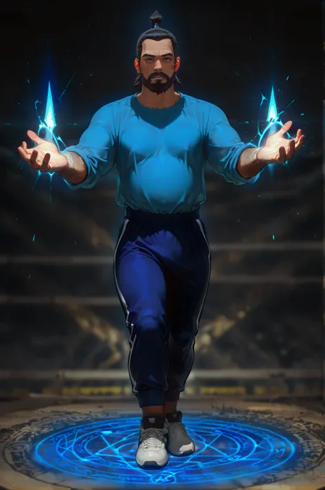 masterpiece, best quality, amazing quality, very aesthetic, high resolution, newest, hyper-detailed, solo, male character, mature man, black hair, african skin, blue shirt, sports pants, sports shoes, bearer long spear on hands, stands on a magic circle, f...