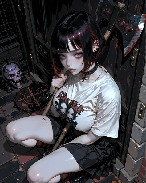 ((high angle)) goth girl pale skin hair bob hair cut black , she has half veiled red and black stripes, and a tiny t shirt, and a black skirt , She has big breasts,, she is squatting, in a gothic panteon., she is holding an axe.