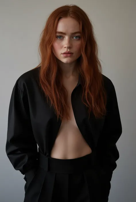 Sadie sink sexy black shirt ripped open revealing boobs and sexy stomach