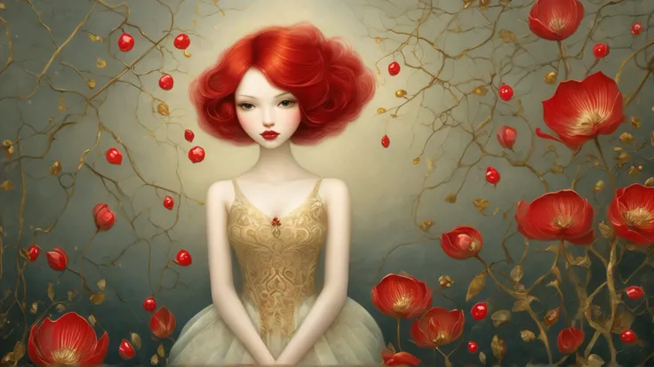 Izumi Kato´s and Nicoletta Ceccoli´s painting depicting A beautiful woman with red hair and lips, almond-shaped brown eyes, and a piercing gaze, she wears a red dress and captivates everyone with her beauty , dreamy mood, intricate, detailed, starlit, viv...