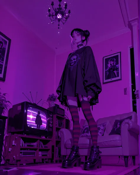 ((low angle)) (masterpiece, best quality, ultrahigh definition, surreal, retro aesthetic, cyber vintage)
A gothic-inspired girl is standing in a dimly lit living room.
She holds an old retro television as her head, the TV is turned on and inside the sc...