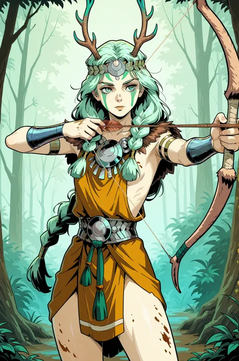 1girl, Artemis from Hades, young goddess, fair skin dirt on skin, slender, green braided hair, green face paint, wearing furs, antler headband, aiming her hunting bow, alone, in full view in a highly detailed watercolor comic art style