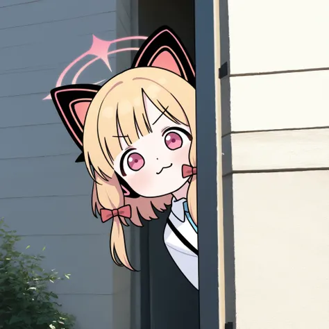 masterpiece,best quality,amazing quality,8k,detailed eyes 1girl, momoi_(blue_archive), fake_animal_ears, cat_ears, peeking_out, happy, :3, looking_at_viewer, outdoors, day, (solo), halo