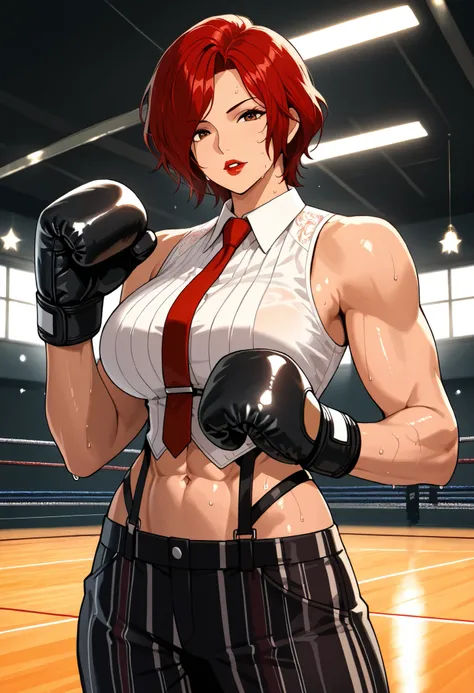 Anime style, 1 girl, solo, looking at viewer, mature woman, ((Vanessa from KOF)), short red hair, waved hair, parted bangs down, brown eyes, red lips, parted lips, white tanktop, big breasts, abs, toned body, slim waist, attractive, motherly, red tie, lace...