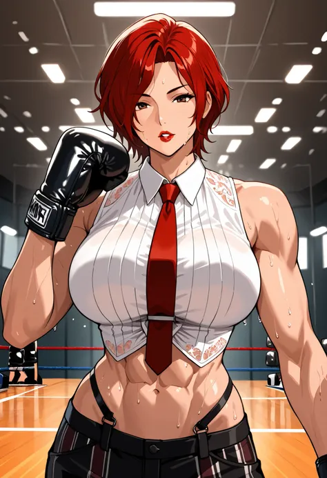 Anime style, 1 girl, solo, looking at viewer, mature woman, ((Vanessa from KOF)), short red hair, waved hair, parted bangs down, brown eyes, red lips, parted lips, white tanktop, big breasts, abs, toned body, slim waist, attractive, motherly, red tie, lace...