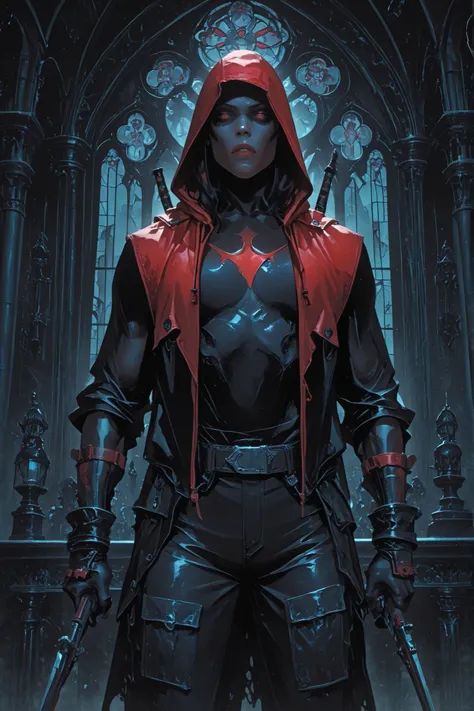 red_hooded_figure,detailed_facial_features,intense_expression,standing_pose,mysterious_aura,gloomy_atmosphere,dark_fantasy_setting,moody_lighting,gothic_cathedral_interior,stained_glass_windows,ornate_architecture,ominous_shadows,haunting_ambience,dramatic...
