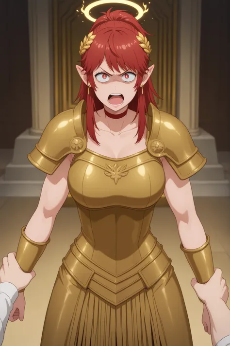 Akemi Aizawa, long hair, ponytail, fringe, red hair, large breasts, earrings, pink lips , fire red eyes, muscle body, | masterpiece, best quality, high quality, ultra-detailed, 1girl, holding another's arm, arm grab, struggling, 1femboy, standing, open mo...