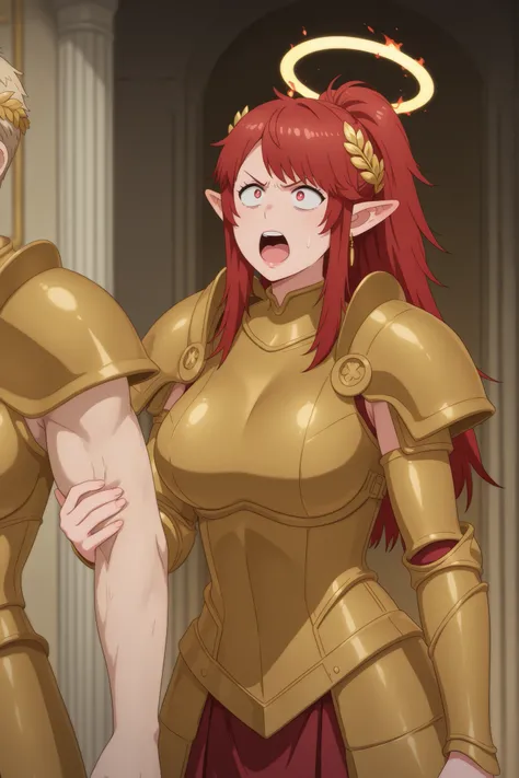 Akemi Aizawa, long hair, ponytail, fringe, red hair, large breasts, earrings, pink lips , fire red eyes, muscle body, | masterpiece, best quality, high quality, ultra-detailed, 1girl, holding another's arm, arm grab, struggling, 1femboy, standing, open mo...