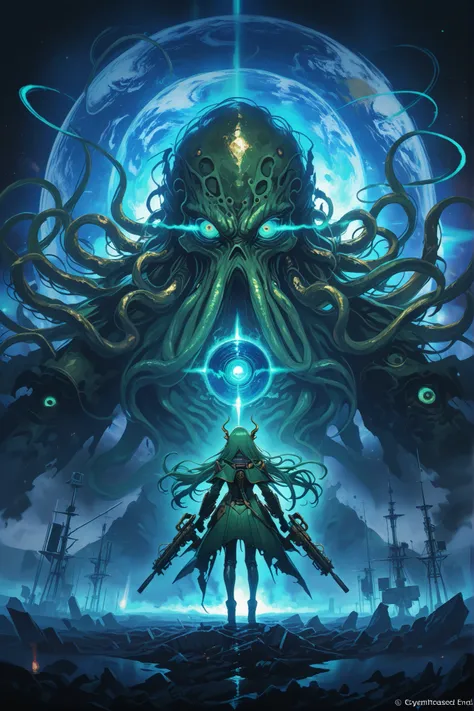 Highest Quality, masterpieces, Cosmic Horror, Battle in Earth Orbit, （huge evil god silhouette covering the galaxy cthulhu,無数の触手and羽翼,Giant Eye Floating in the Void, Green Body Surface）and（Golden Machine Girl, Golden Magical Engine, deployed weapons, Strip...