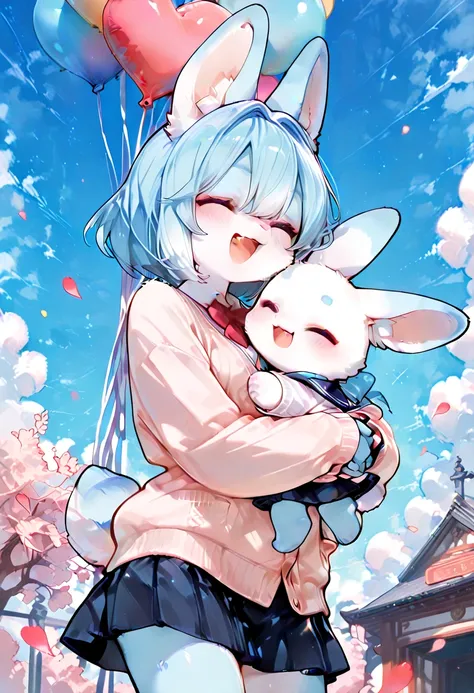 1boy, (furry, kemono:1.4), rabbit boy, animal nose, rabbit ears, animal ear fluff, chibi, cute, rating:safe, balloon, confetti, closed_eyes, skirt, blue_sky, open_mouth, sky, pleated_skirt, day, cloud, blush, petals, smile, long_sleeves, stuffed_toy, hair_intakes, blue_skirt, bangs, solo, blue_hair, eyebrows_visible_through_hair, bow, outdoors, stuffed_animal, object_hug, ^_^, heart, short_hair, cowboy_shot, white_shirt, :d, standing, school_uniform, cardigan, sleeves_past_wrists, shirt, jacket, holding_stuffed_toy, miniskirt, holding, hug, fang, cloudy_sky, black_skirt, sweater, hair_between_eyes, masterpiece, best_quality, absurdres, amazing quality,
